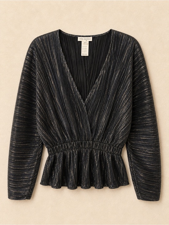 Good American Tops - Good American Metallic Plissé Peplum Top Black Silver Pleated Blouse Size 3/4